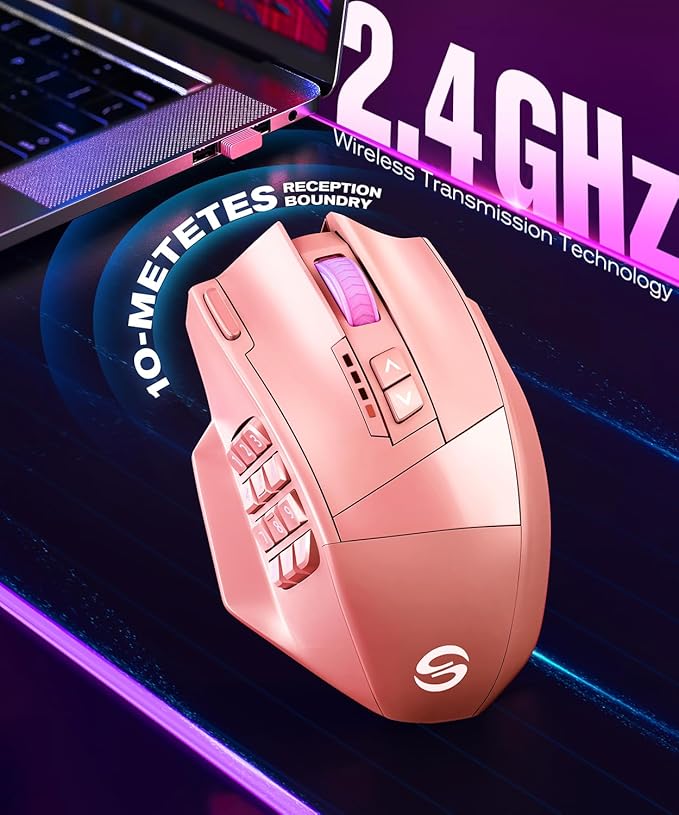 UtechSmart Venus Pro Wireless MMO Gaming Mouse, 16,000 DPI Optical Sensor, Wired/Wireless Dual Modes, 16M Chroma RGB Lighting, 16 Programmable Buttons, Ergonomic Design, Up to 70H, Pink