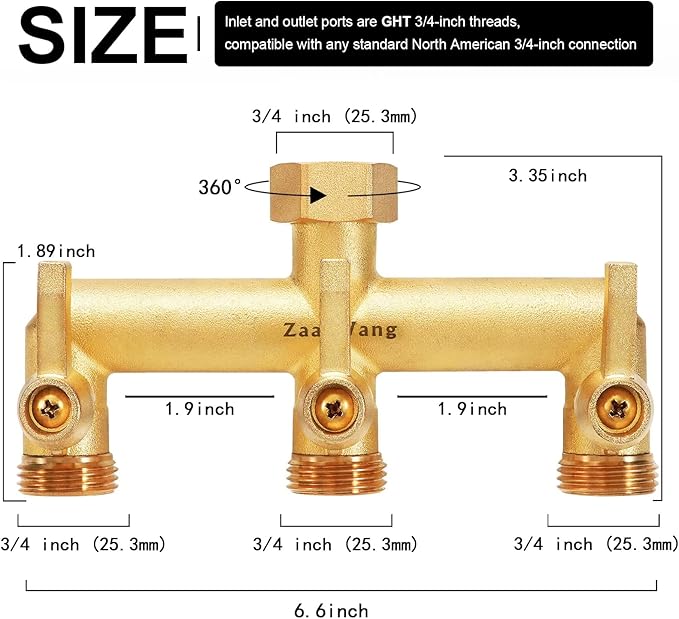 Heavy Duty Brass 3-Way Garden Hose Splitter with Metal Shutoff Valve and Long Handle Outdoor Faucet Diverter, 3/4’ GHT Threads