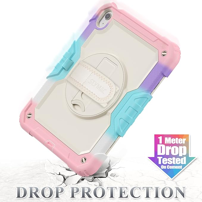 SEYMAC stock Case for iPad (A16) 11th/10th Generation 11''/10.9'' 2025/2022, Full-Body Drop Protection Case with Screen Protector &360° Rotate Hand Strap/Stand, Yellowish+Pink