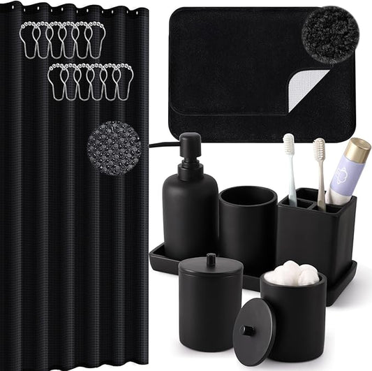 21 Pcs Bathroom Accessory Set with Waterproof Shower Curtain and Non Slip Mat,Resin Bath Set with Toothbrush Holder and Lotion Soap Dispenser,Bathroom Countertop Organizer Set for Home Apartment
