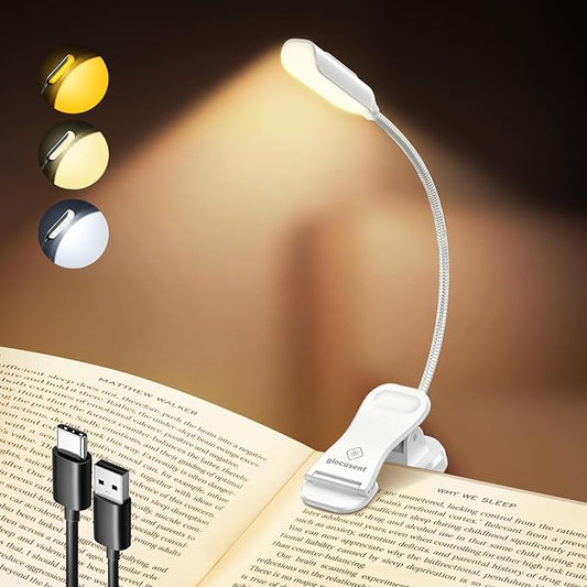 Glocusent Willow Book Light, 10LED, 3 Colors & 3 Brightness, Rechargeable, Lightweight, Clip on, Modern Design, Pure White, ABS Material, USB-C, 80hr Runtime, Ideal for Book Lovers