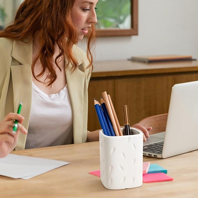 Ceramic Pen Holder for Desk, Makeup Brush Holder, Pencil Holder Stand, Pencil Cup Pot with Raindrop Design, Dual Use Desktop Organizer for Office, Home, School, Vanity