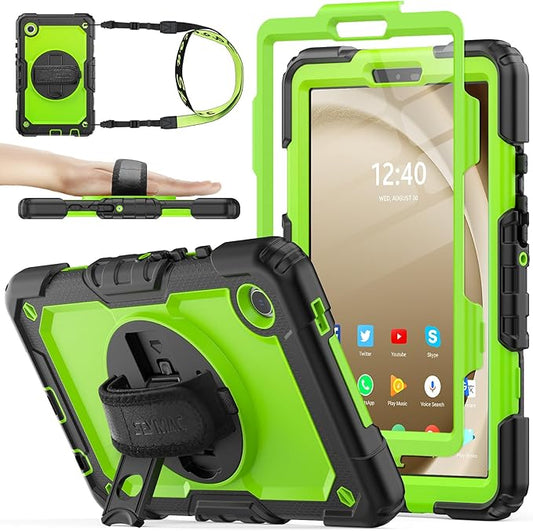 SEYMAC stock Case for Samsung Galaxy Tab A9 8.7'', Full-Body Drop Protection Case with Screen Protector Pencil Holder [360° Rotating Hand Strap] &Stand, Green+Black