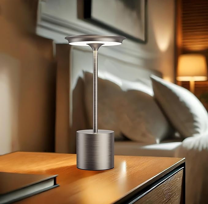 Cordless Table Lamp, Portable Rechargeable 6000mAh Outdoor Table Lamp, 3 Color Stepless Dimming Battery Powered Lamp, LED Table Light for Dinner/Bedroom/Restaurant/Outdoor (Silver)