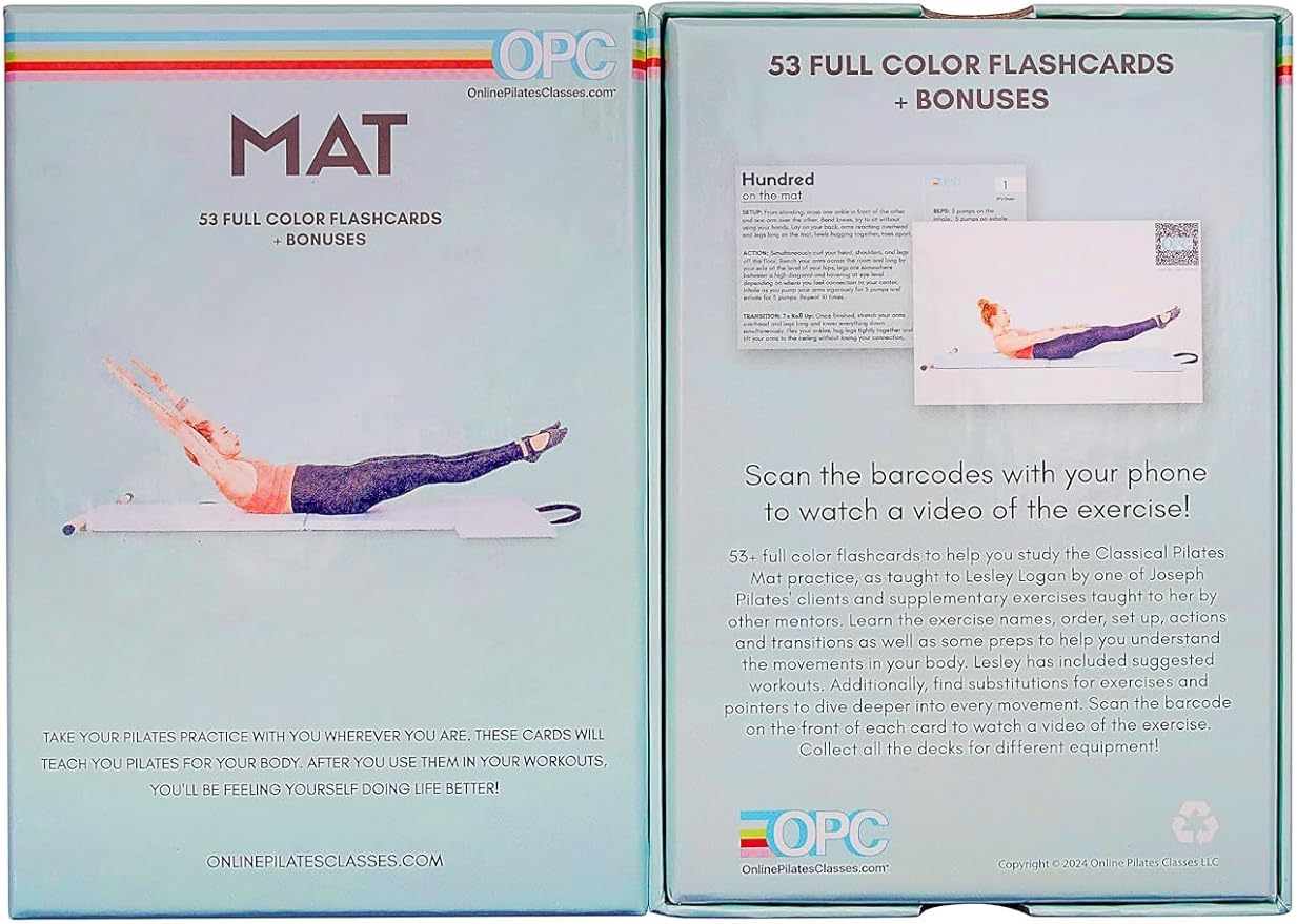 OnlinePilatesClasses Mat Pilates Workout Planner with Video Tutorials, 59 All-Level Exercise Flash Cards Ideal for Yoga, Abs, Core Workouts and Fitness Enthusiasts, No Equipment Needed