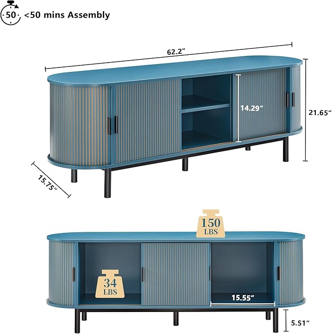 63" Fluted TV Stand for 65/70 Inch TV, Mid Century Modern TV Console with Sliding Doors, Curved Gaming Entertainment Center, Media Console for Living Room, Bedroom (Blue, 63inch-4doors)