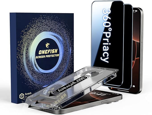 OneFish Screen Protector for iPhone 15Plus/16Plus Privacy, 4-Way 360° Anti-Spy Tempered Glass, 9H Hardness, HD Clear Anti-Fingerprint 3D Curved Edges, Case-Friendly & Easy Installation [2 Pack]