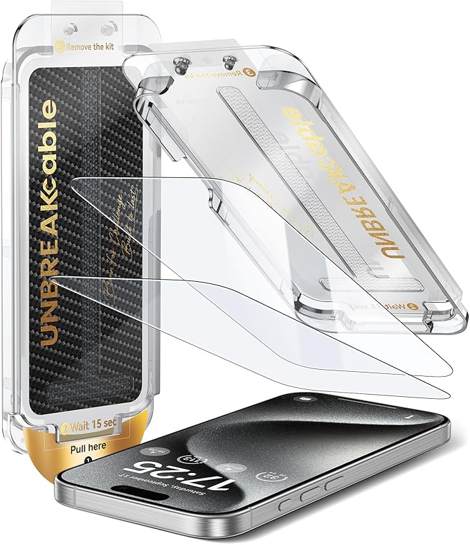 UNBREAKcable Screen Protector for iPhone 15 Pro, Pull-To-Protect Easy Installation, Auto Dust-Elimination, 9H+ Military-Grade Tempered Glass, Bubble-Free, Case Friendly, HD Clear, 6.1 Inch, 2 Pack