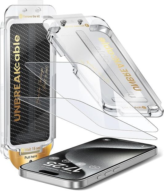 UNBREAKcable Screen Protector for iPhone 15 Pro, Pull-To-Protect Easy Installation, Auto Dust-Elimination, 9H+ Military-Grade Tempered Glass, Bubble-Free, Case Friendly, HD Clear, 6.1 Inch, 2 Pack