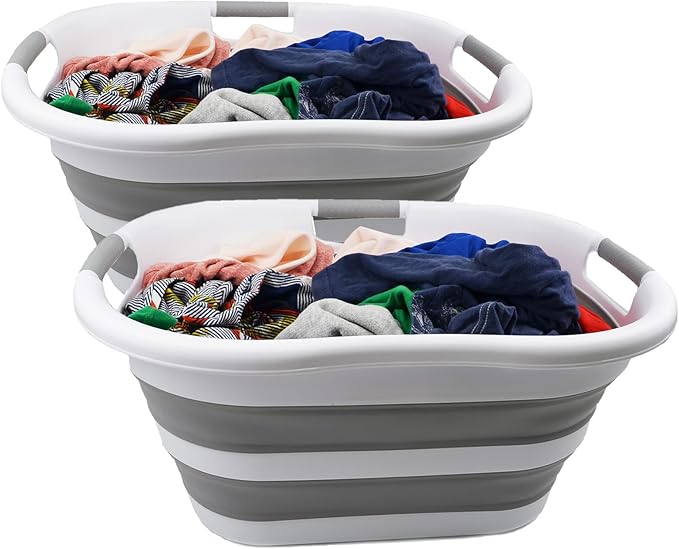 SAMMART 40L (10.5 Gallon) Collapsible Plastic Laundry Basket - Space Saving Storage Container/Organizer - Portable Washing Tub - Foldable Pop Up Hamper/Basket (2, White/Grey)