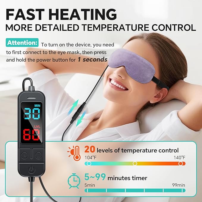 Heated Eye Mask for Dry Eyes, Stye & Migraines Relief - USB Electric Warm Compress with 20 Temp/Time Settings, Washable Flaxseed Cover for MGD, Blepharitis & Eye Strain