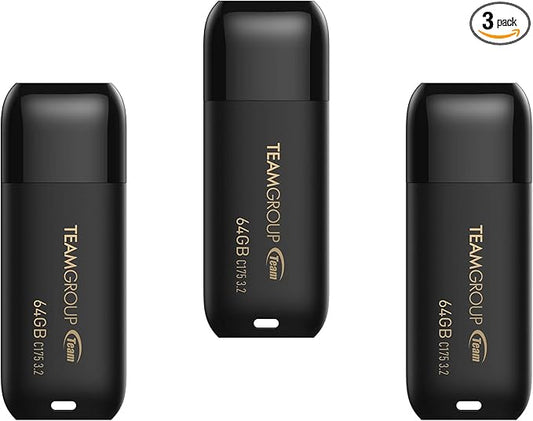 TEAMGROUP C175 64GB 3 Pack USB 3.2 Gen 1 (USB 3.1/3.0) Read 100MB/s Flash Thumb Drive, External Data Storage Memory Stick Compatible with Computer/Laptop Matte Black TC175364GB19