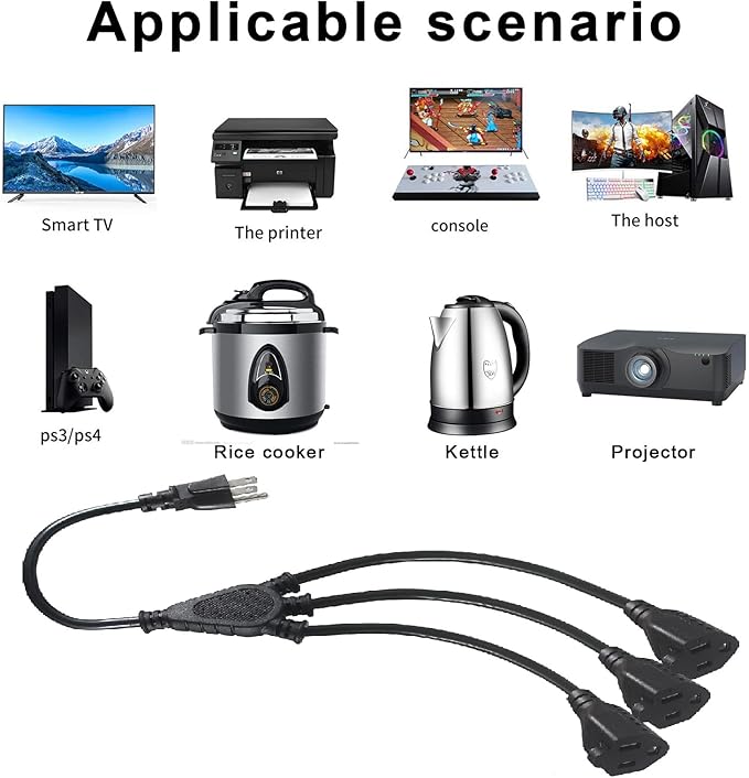 KUNCAN 3-Outlet Splitter Extension Cord - 3 Prong 1 to 3 Way Power Splitter Extension Cable, 1FT 16AWG 13A/1625W, NEMA 5-15P to 3*NEMA 5-15R Y Style Extension Cord (Black 1-Pack)