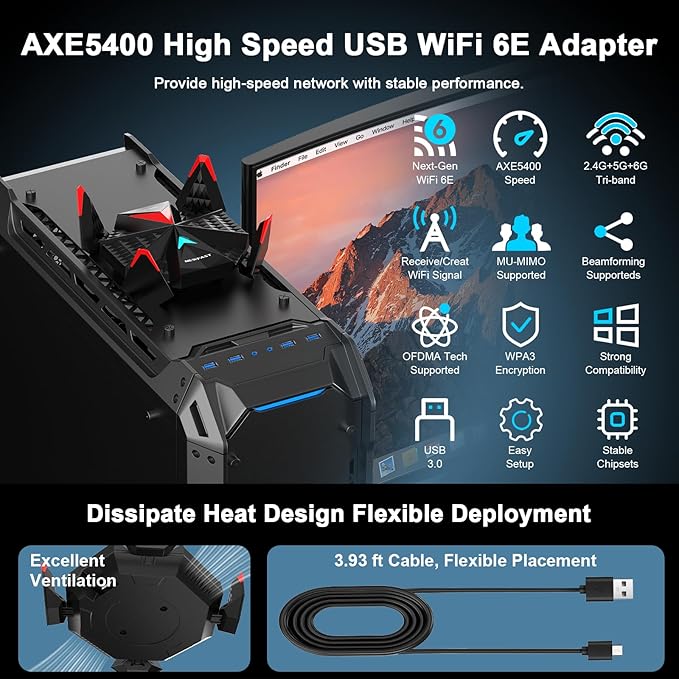 NEWFAST WiFi 6E USB Adapter for Desktop PC U357, AXE5400 Wireless Network Adapter Tri-Band Wireless USB WiFi A-dapter for PC, WiFi Dongle with 4 Antennas Supports Windows 11/10