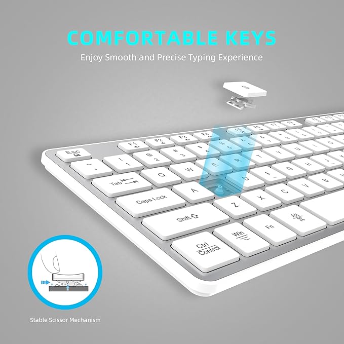 Slim Quiet Wireless Keyboard for Mac and Windows,Durable Flat Keyboard with Full Size Ultra Quiet Low-Profile Flat Keys, 2.4GHz Wireless for Mac,Windows 11/10/8/7/Vista,Microsoft & PC（Silver