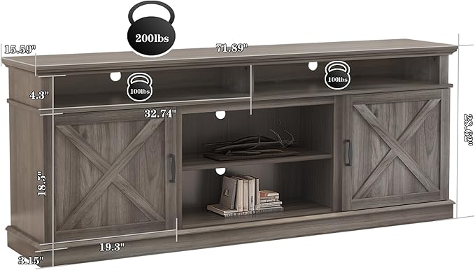 Fireplace TV Stand with Double Barn Doors and Storage Cabinets, Farmhouse Entertainment Center for TVs up to 80", Mid Century Modern Media TV Console Table for Living Room Bedroom(Gray)
