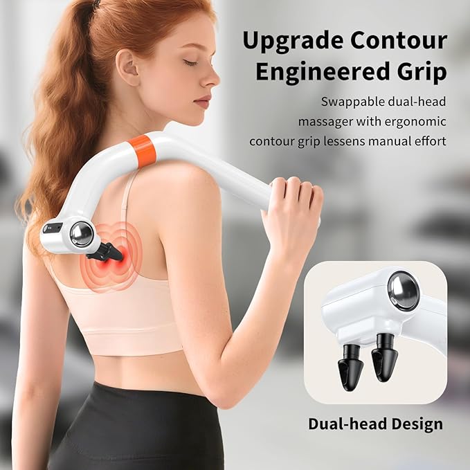 Dual-Head Massage Gun Deep Tissue with 3-in-1 Detachable Extension Handle, Handheld Percussion Back Massager for Muscle Neck Shoulder Body Pain Relief - 6 Speeds Levels (White)