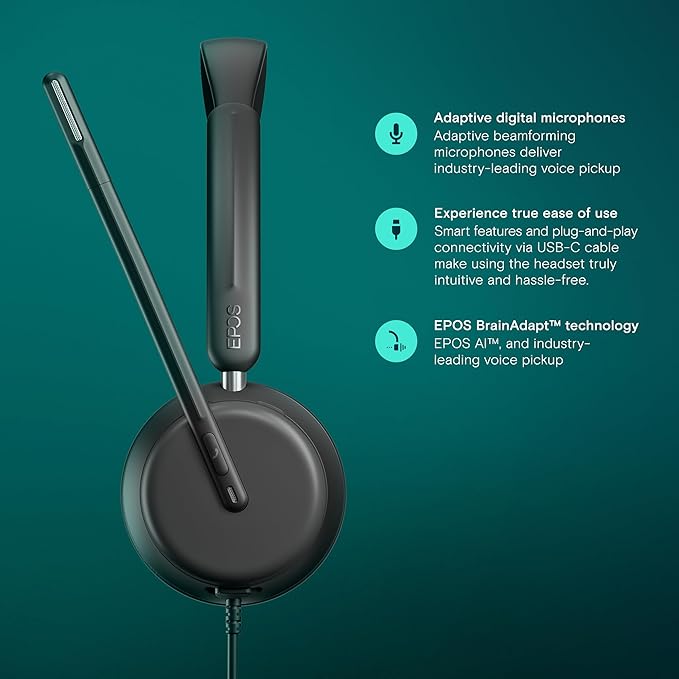 EPOS Impact 860 Dual-Sided Wired Headset with USB-C/USB-A, Noise-Canceling Mic, Super Wideband Audio, Comfortable Fit, Ideal for Business Calls, Office Use, and Multi-Device Compatibility.
