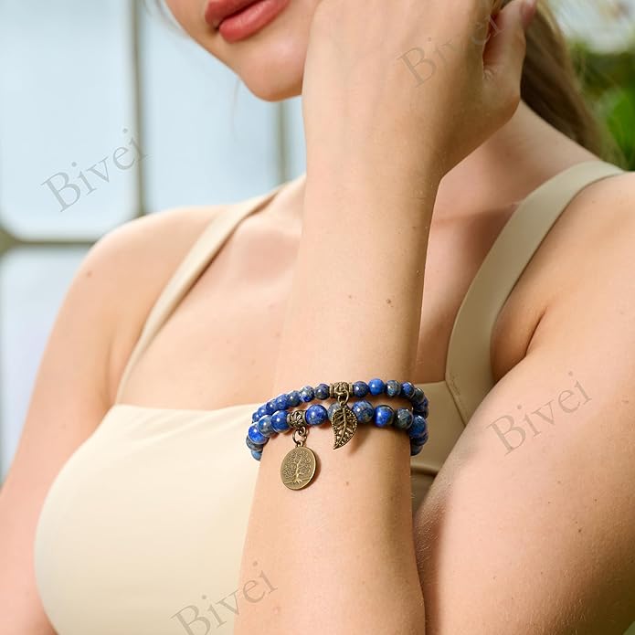 Bivei Natural Semi Precious Gemstone beads bracelet for women - Life Tree and Leaf Charm Energy Reiki Crystal Stretch Bracelets