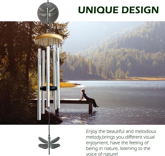 Dragonfly Wind Chimes for Outside with Bright Silver,29 "Memorial Wind Chimes Create a Zen Atmosphere for Outdoor,Garden Patio Yard Decor,Unique Dragonfly Gift for Women/Unisex