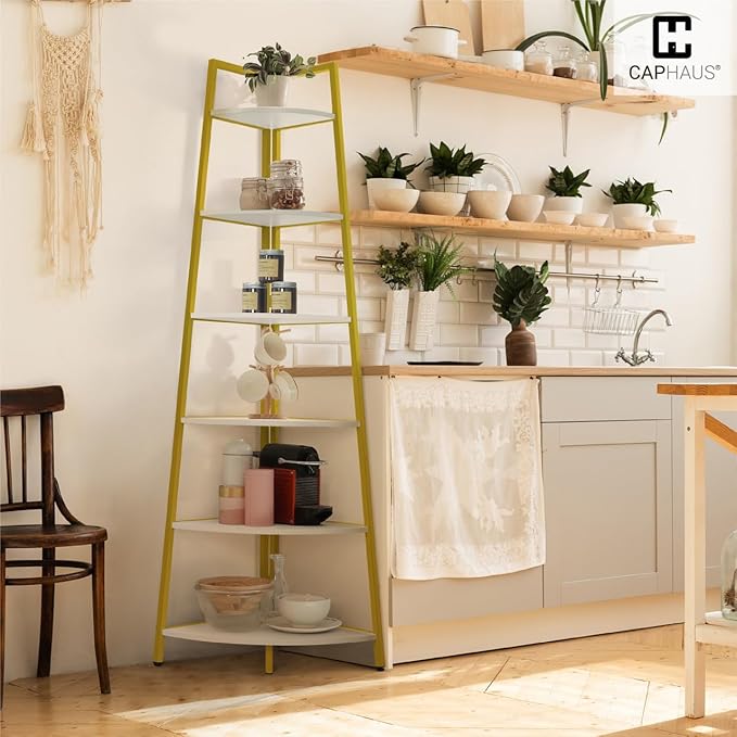 CAPHAUS Tall Corner Shelf Stand, 6-Tier Display Shelves, Ladder Corner Wood Storage Plant Bookshelf with Metal Frame, Versatile Shelving Unit Bookcase for Home Office Space, Gold