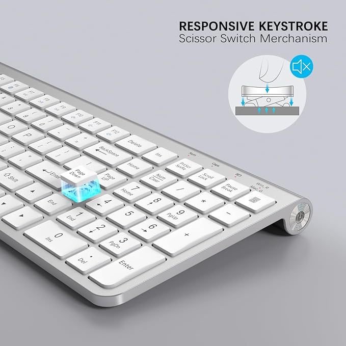 JOYACCESS Wireless Keyboard, Ergonomic,Dustproof,2.4G Slim and Compact Quiet Wireless Keyboard with Number Keypad for Windows, MacBook Pro/Air, Laptop, Desktop, PC-Sliver&White