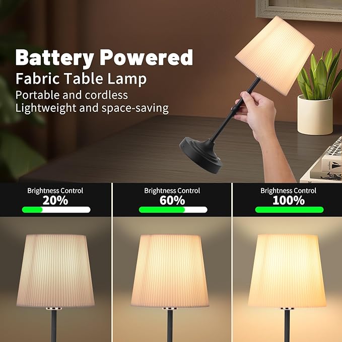 Cordless Rechargeable Table Lamp 5200mAh - Stepless Dimming & 3-Color Temperature, Touch Control Bedside Lamp with Fabric Shade for Bedroom, Patio, Camping, Balcony (Black)