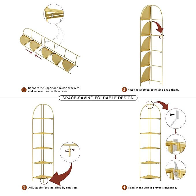 Crofy Foldable 5 Tier Corner Shelf, Metal Corner Plant Stand with Gold Frame and Gold Shelves, Corner Display Rack Multipurpose Shelving Unit for Living Room, Bedroom, Bathroom