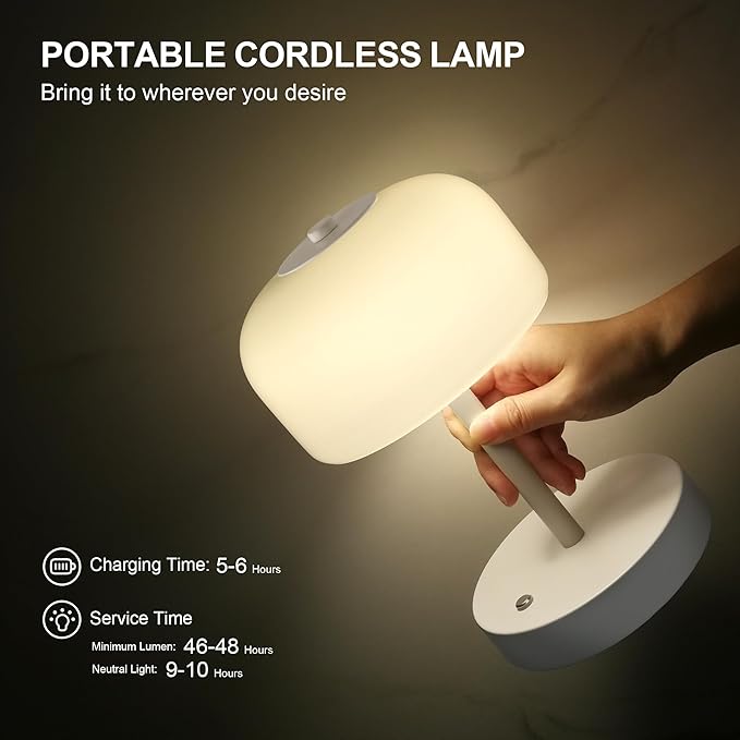 Oneach Portable Cordless Table Lamp, Rechargeable Battery Powered Lamp with Opal Glass Shade, 3-Way Dimmable LED Touch Mushroom Table Lamps for Bedroom, Bedside, Living Room, Dining Room, Patio, White