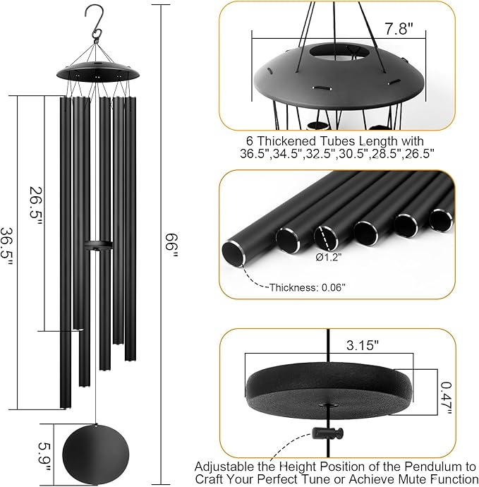66" Large Wind Chimes for Outside Deep Tone with 6 Heavy ⌀ 1.2" Tubes - Soothing Windchimes Outdoors for Garden Patio Hanging Decor, Memorial Sympathy Gifts for Loss of Loved One (Black, 66")