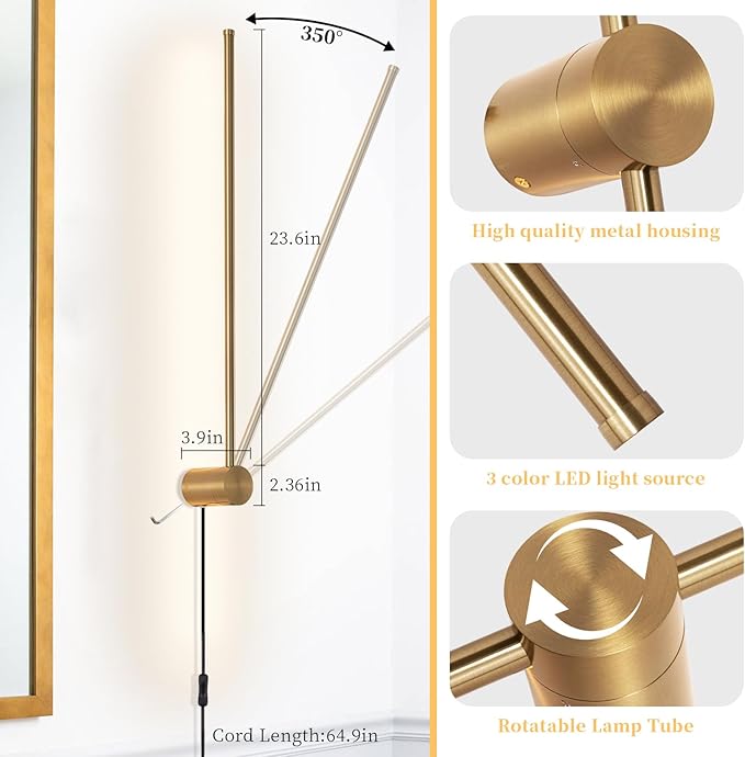 dimmable Modern Plug in Wall Sconce Set of 2, 23.6" Gold Brushed Wall Lights, Indoor Wall lamp Background Lighting with Memory Function, Applicable to Living Room and Bedroom 3000K 4000K 6000K
