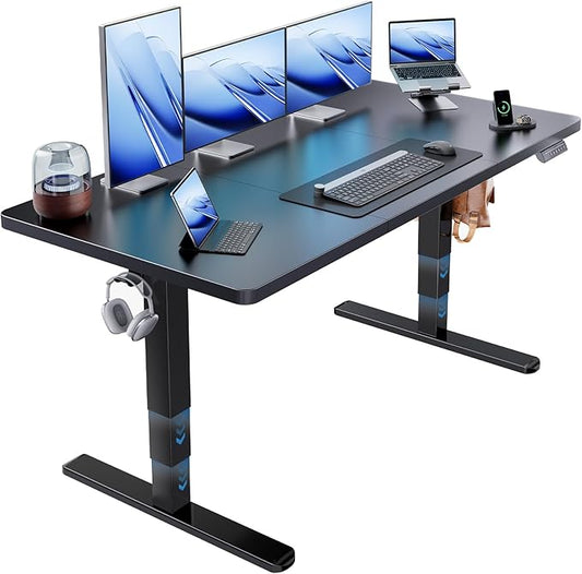 HUANUO 60x30 Inch 3-Stage Legs Electric Standing Desk, Large Height Adjustable Office Desk with Brushless Motor, Stand Up Desk with 4 Memory Presets & 2 Hooks, Computer Desk for Home Office, Black