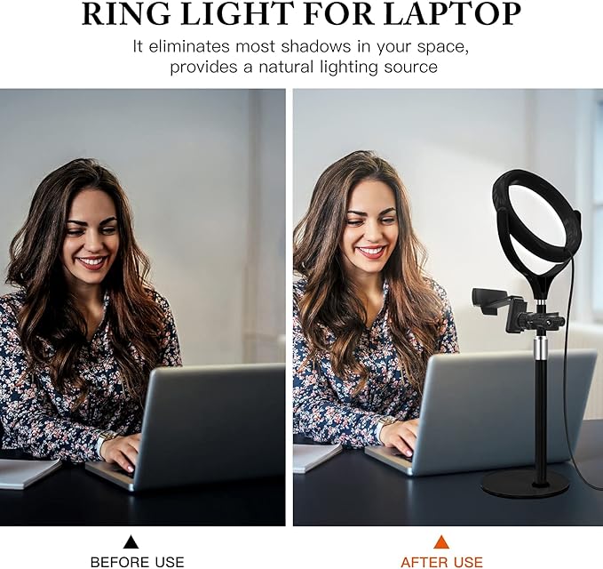 8 inch Desk Ring Light with Stand, Adjustable Computer Circle Light for Video Conference Lighting, Zoom Calls, Virtual Meeting, Video Recording, Selfie Light with Phone Holder for Streaming, Podcast