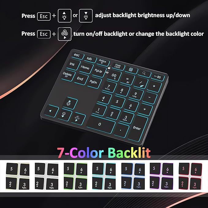 Tri-Mode Aluminum Numpad 7-Color LED Backlit, BT5.0/USB/2.4G Wireless Rechargeable Number Pad 35-Key Scissor Switches Light Up Keycaps for PC/Laptop/Win/Mac, Grey Black