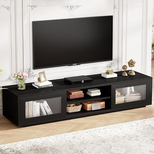 HSH Black TV Stand 70 Inch，Modern TV Console for Living Room and Under TVs Cabinet with Storage,Entertainment Center with Sliding Doors for 75" TVs,Media Console for Bedroom