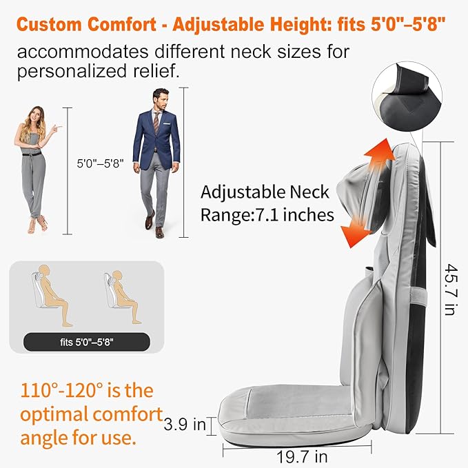 4D Shiatsu Massage Cushion w/Heat - Neck Back Pain Relief, Targets Muscle Stiffness from Long Sitting - Kneading, Vibration Technology & Dual Necks Heads Design for Office Chair, Home, Grey