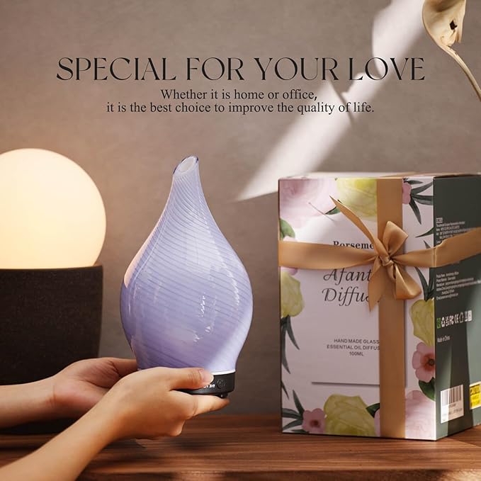 Porseme 150ml Essential Oil Diffuser Glass Color Changing Aroma Air Diffusers Aromatherapy Ultrasonic Cool Mist Humidifier 6 Running Hours Waterless Auto-Off for Sleeping Yoga Office Spa (Pure Purple)