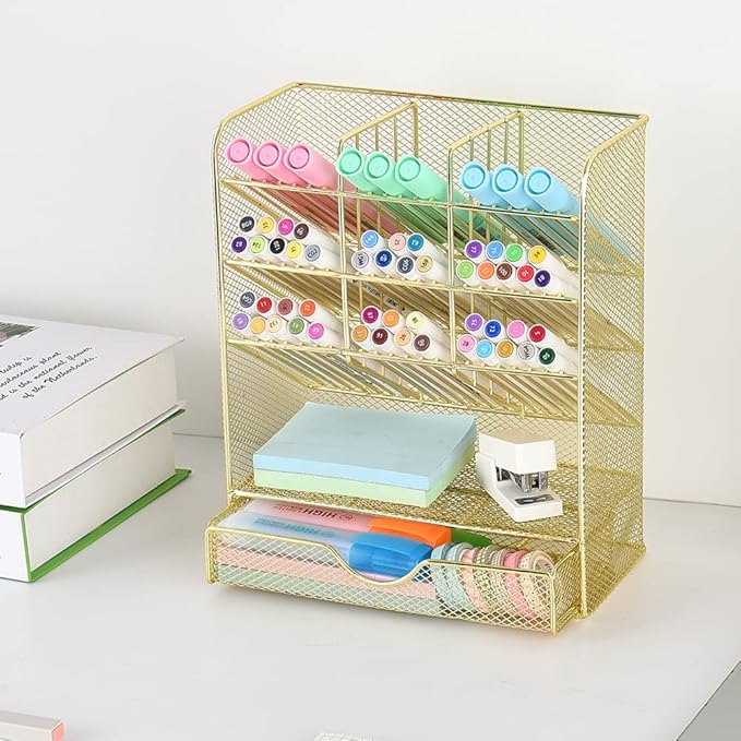 Spacrea Mesh Pen Organizer - Pencil Holder for Desk, Desk Organizer with Drawer for School, Home, Art Supplies (Gold)