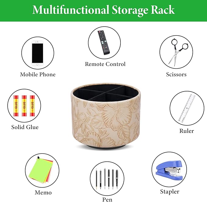 Hennaja Round Leather Art Supply Organizer,Remote Control Holder,360 Degree Spinning,Multi-Functional Pencil Holder,4 Compartments Desktop Stationary Organizer(1-Carved Light Brown)