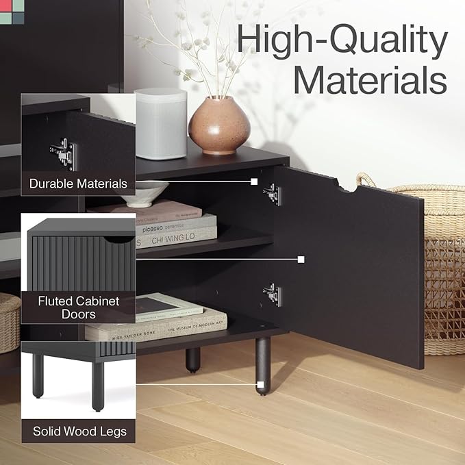 Fluted Wood TV Stand - Soft-Close Doors & Adjustable Shelves TV Console with Storage - Cable Management Entertainment Center - Fluted Doors Hide Components Media Stand - Black, 70