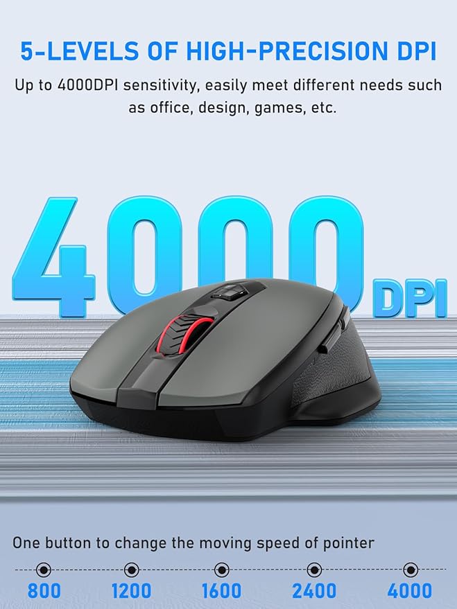 E-YOOSO Bluetooth Mouse, 4000 DPI Dual Mode (BT5.0, 2.4G) Wireless Mouse for Laptop, Office Ergonomic Computer Mice, 6 Buttons, Medium to Large Sized Hands Compatible with Laptop, Mac, PC, Tablet