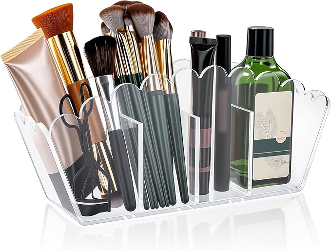 Scalloped Acrylic Pencil Holder – Clear Desk Organizer with 4 Compartments – Makeup Brush Holder & Remote Caddy for Office, Bathroom, Table – Party Accessory