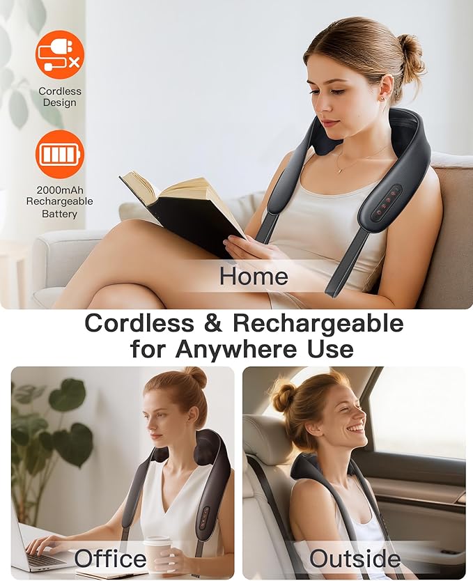 Neck and Shoulder Massager with Heat – Cordless Shiatsu Neck Massager for Pain Relief Deep Tissue - Adjustable Speed & Modes Kneading Massage for Back - for Men Women