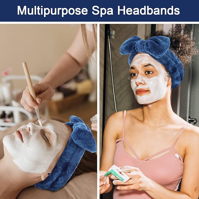 Ondder Spa Headband for Washing Face 8 Pack Navy Blue Skincare Headbands for Women Girls Terry Cloth Cute Bow Head Bands