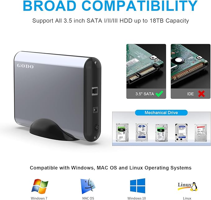 GODO 3.5 inch External Hard Drive Enclosure for 2.5 3.5 SATA HDD SSD,USB 3.0 to Aluminum Hard Drive Dock Case with Stand,Support UASP,12V Power Adapter 18TB-Grey