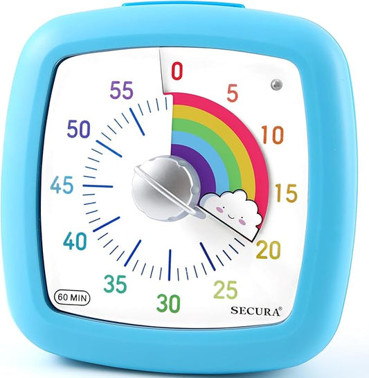Secura 60-Minute Visual Timer, Silent Study Timer for Kids and Adults, Time Clocks, Time Management Countdown Timer for Teaching (Blue & Cloud)