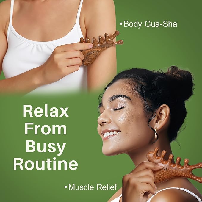RHOS Multifunctional Wooden Gua Sha Tool｜Scalp Massager for Hair Growth｜Massage Comb for Whole Body｜Jaw Line Lifting｜Face Sculpting｜Lymphatic Drainage｜Body Massage