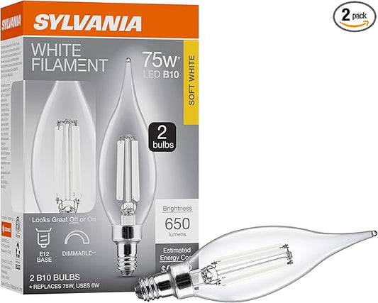 Sylvania B10 Clear LED White Filament Bulb, 6W, Dimmable, 650 LMS, Candelabra Base, 2700K, Soft White - 2 Pack (42260)