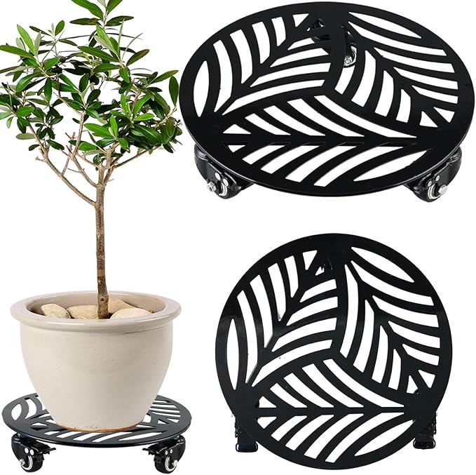 1 Pack 12 inches Large Metal Plant Caddy with 3 PU Metal Wheels Rolling Plant Stand with Casters Indoor Outdoor Wheeled Planter Roller Base Pot Movers Plant Dolly Coaster Trolley Black