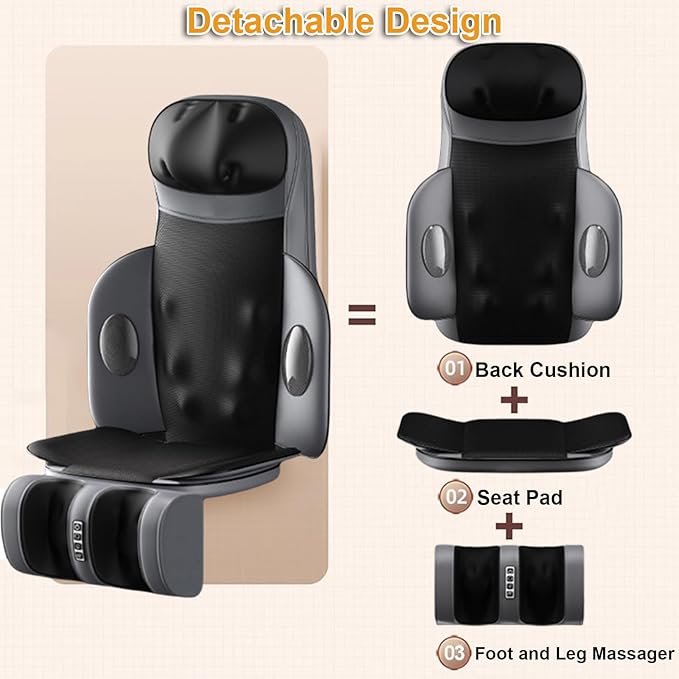 Lvrunben Shiatsu Back Massager with Heat, 3D Kneading Massage Chair Pad, Electric Massage Seat Cushion for Body, Neck,Shoulder, with Movable Multi-Function Leg and Foot Massager for Office, Home